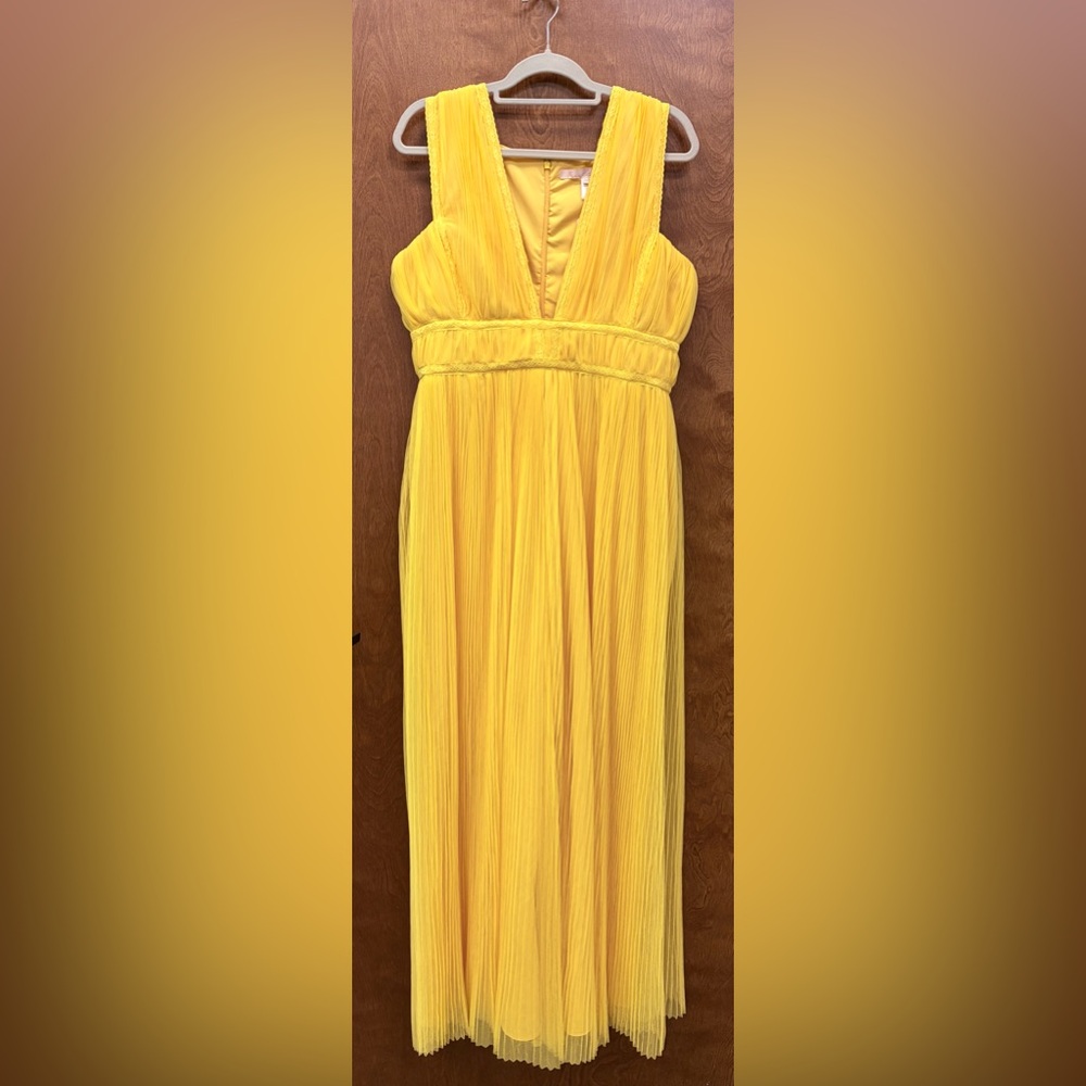 Anthropologie Hutch Pleated Tulle Deep V-Neck Jumpsuit Golden Yellow Size 14